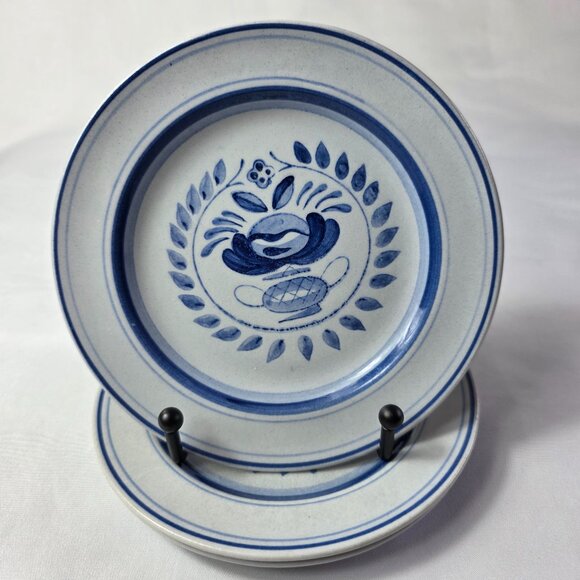 THREE Arabia of Finland Blue Rose Bread Plates Gray/Blue Blue Flowers & Bands - Picture 1 of 10